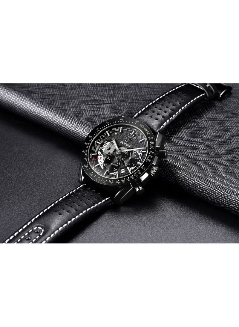 BENYAR Watches for Men Luxury Quartz Water Resistant Watch Men's Chronograph Genuine Leather Strap 5120 Black - Image 5